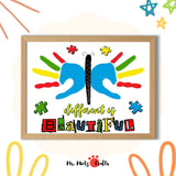 Handprint butterfly autism awareness craft for kids featuring the phrase “Different is Beautiful.” This printable activity includes colorful handprint wings, puzzle piece accents, and a bold design perfect for preschool, kindergarten, or special education art projects during Autism Awareness Month in April.