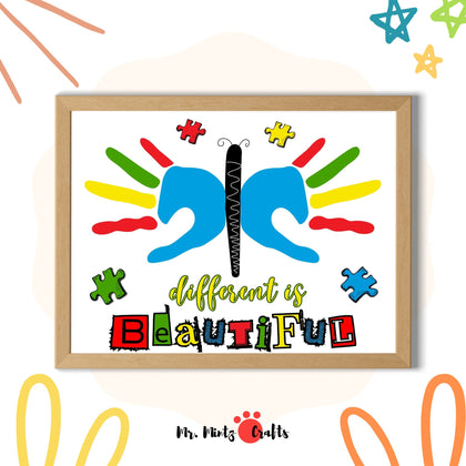 Handprint butterfly autism awareness craft for kids featuring the phrase “Different is Beautiful.” This printable activity includes colorful handprint wings, puzzle piece accents, and a bold design perfect for preschool, kindergarten, or special education art projects during Autism Awareness Month in April.
