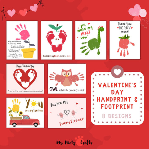 Here are a bundle of creative Valentine's day handprint footprint art crafts and card ideas for kids to make! This Valentines Day set includes an “You are my sunshine,” a “You Make My Heart Saur,” an “Owl Always Love You Owl,” Valentine truck, and more.