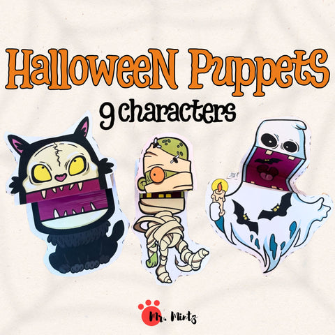 Printable Halloween puppet craft for kids featuring characters like Ghost, Vampire, and Mummy, perfect for preschool and kindergarten.