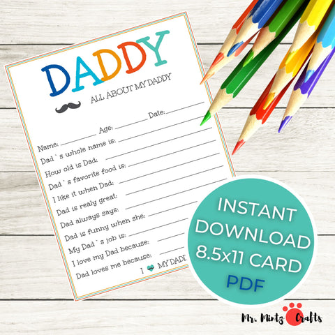 This all about my dad questionnaire is a fun and easy card for kids to make and give dad for Father's Day, his birthday, or just because.