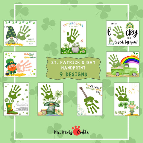 St. Patrick’s Day handprint craft bundle featuring 9 unique printable designs, including leprechauns, shamrocks, rainbows, and festive decorations for kids.