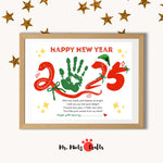 2025 New Year handprint craft with a festive design, poem, and personalization for kids in classrooms or at home.