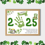 St. Patrick’s Day handprint craft featuring green 2025 numbers, a cute leprechaun hat, shamrocks, a pot of gold, and a sweet holiday poem for kids.