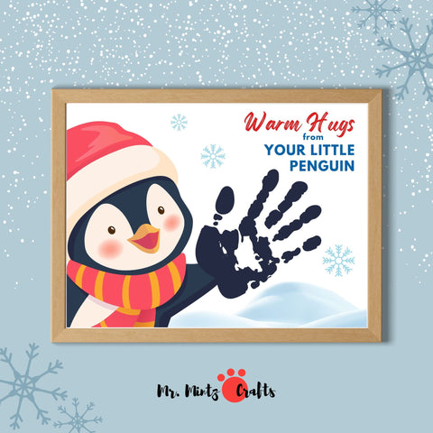 Penguin handprint craft for kids, a DIY winter activity creating a personalized keepsake using children’s handprints.