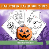 Halloween paper squishy printable listing preview featuring four black-and-white templates for a pumpkin, wrapped mummy, witch's hat, and ghost, with a finished orange jack-o’-lantern paper squishy in front and an instant download banner on a purple Halloween background.