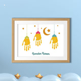 Printable Ramadan Handprint Art Craft with stars and moon, serving as creative Islamic Crafts for Kids or a special Ramadan Gift from Kids to beautify any Ramadan Decor.