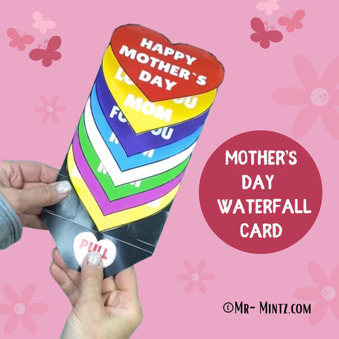 Mother’s Day waterfall card craft template showing layered rainbow hearts and pull tab with “Happy Mother’s Day” on top. Printable keepsake gift for preschool and school kids.