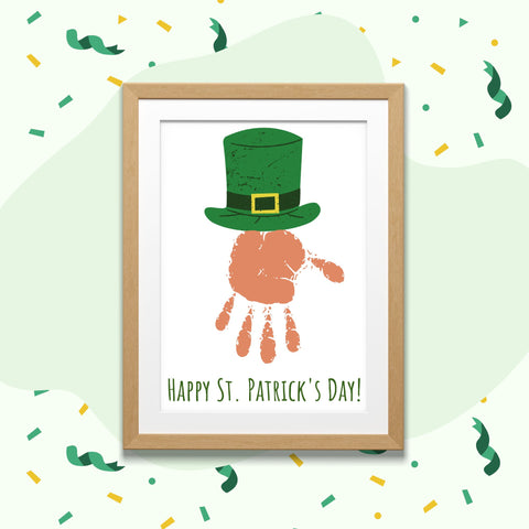 St. Patrick’s Day handprint craft for kids featuring a leprechaun hat design.