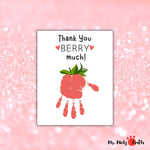 Handcrafted thank you card featuring a red handprint strawberry with the phrase Thank You BERRY much! Ideal for any occasion, include Birthday, Christmas, Valentines Day, set on a sparkly pink background.