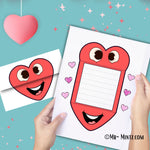 Printable folding heart card with customizable message space and vibrant designs for Valentine’s Day.