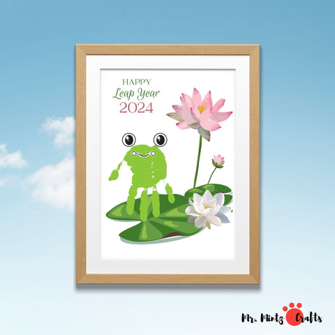 Personalised Leap Year handprint art, perfect for a Leap Day baby birthday card, celebrating February 29th with a cheerful frog design, ready to print.