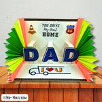 Printable pop-up card for Dad with a 3D “DAD” cutout, Route 66 signs, and “You Drive My Heart Home” quote. Great Father’s Day or birthday gift for truck driver dads from preschool or kindergarten kids.