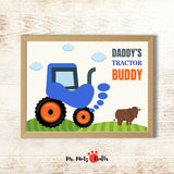 Printable Father’s Day tractor craft featuring a child’s painted footprint as part of a blue tractor, with the phrase “Daddy’s Tractor Buddy” — a sweet farm-themed keepsake for dad.