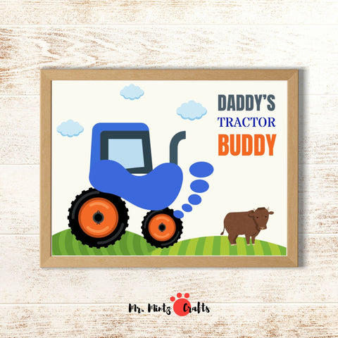 Printable Father’s Day tractor craft featuring a child’s painted footprint as part of a blue tractor, with the phrase “Daddy’s Tractor Buddy” — a sweet farm-themed keepsake for dad.