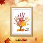 Autumn-themed handprint tree craft for kids, featuring vibrant fall colors and a ‘Happy Fall’ message. Perfect for seasonal art activities, this craft captures the essence of autumn with colorful handprints forming the leaves of a tree.