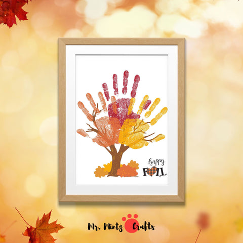 Autumn-themed handprint tree craft for kids, featuring vibrant fall colors and a ‘Happy Fall’ message. Perfect for seasonal art activities, this craft captures the essence of autumn with colorful handprints forming the leaves of a tree.