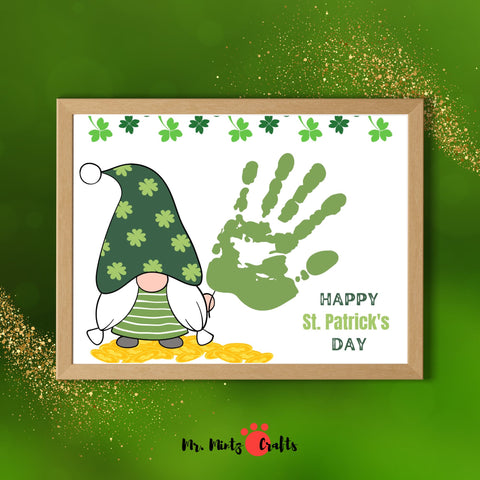 Printable St. Patrick’s Day gnome handprint craft for kids. A fun and easy activity featuring a cute gnome, shamrocks, and lucky gold coins. Perfect for preschool and kindergarten St. Patrick’s Day celebrations.