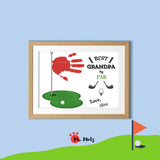 Grandparents Day printable Grandpa golf handprint keepsake featuring a green putting surface with a flag and golf ball, crossed golf clubs, “Best Grandpa by Par” wording, and a child’s bright painted handprint near the flag, designed for kids ages 3–7 to create a personalized golf-themed gift for a special Grandpa.
