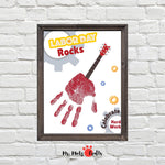 Labor Day handprint craft featuring a guitar design with the message ‘Labor Day Rocks.’ Celebrate hard work with this fun and educational art project for kids.