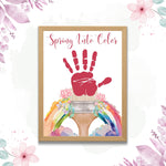 Spring handprint craft featuring a paintbrush with a rainbow burst, a perfect printable art activity for preschool and kindergarten kids.