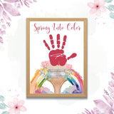 Spring handprint craft featuring a paintbrush with a rainbow burst, a perfect printable art activity for preschool and kindergarten kids.