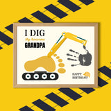 Children's construction-themed craft with 'I Dig My Grandpa' design, featuring a handprint as an excavator bucket and a footprint as a dirt pile.