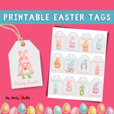 Easter gift tag printable sheet with 12 colorful bunny tag designs, perfect for Easter baskets, kids’ gifts, or spring party favors. Easy-to-cut JPG.