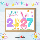Imprimible de Pascua 2027 “Feliz Páscoa” para niños, ideal como manualidad en casa o en el aula. El diseño presenta una huella de mano en forma de pollito, orejas de conejo sobre el número dos, césped decorativo y flores de colores. Perfecto para celebrar Pascua con actividades creativas y educativas en preescolar, jardín o educación infantil. Incluye dos formatos JPG: A4 y carta.