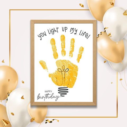 Printable birthday craft for kids featuring a yellow handprint shaped like a light bulb with ‘You Light Up My Life’ text. Perfect DIY card gift from children to parents, teachers, or grandparents for a heartfelt birthday keepsake.