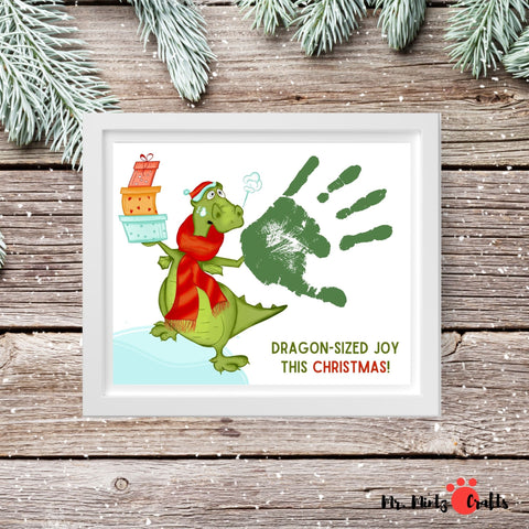Christmas craft with a dragon in a Santa hat, exhaling a cloud shaped like a handprint, with 'Dragon-sized joy this Christmas!' text.
