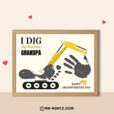 Grandparents Day printable Grandpa handprint keepsake featuring a yellow excavator digging beside a child’s painted handprint, with the message “I Dig My Awesome Grandpa” and Happy Grandparents Day text, designed for kids ages 3–7 to create a personalized construction-themed gift and memorable keepsake for Grandpa.
