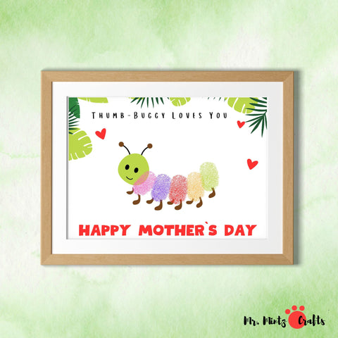 Happy Mothers Day card featuring a Thumb-Buggy Loves You design with colorful fingerprint bugs made from childs thumbprints, surrounded by tropical leaves and hearts, perfect for a personal touch.