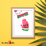 Watermelon handprint craft with the text ‘Sweet Summer’ featuring a vibrant watermelon slice made from handprints