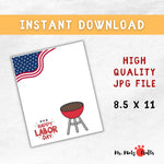 Patriotic Labor Day handprint craft featuring a BBQ grill design with a red handprint and American flag. Perfect for kids’ holiday art projects.