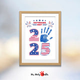 Veterans Day 2025 handprint craft for kids with patriotic red, white, and blue numbers, ideal for classroom activities, family gatherings, and teaching children about honoring veterans through creative projects.