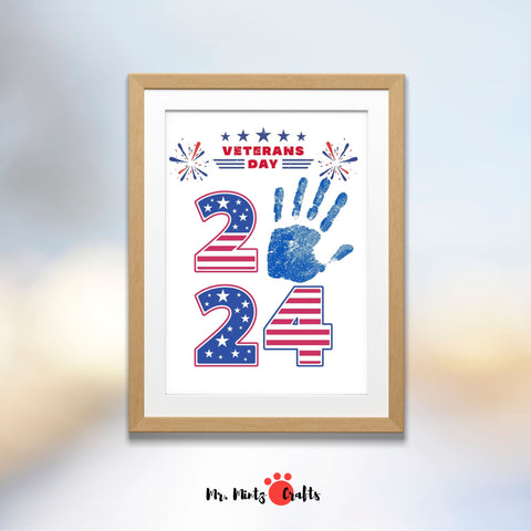 Veterans Day 2024 handprint craft for kids with patriotic red, white, and blue numbers, ideal for classroom activities, family gatherings, and teaching children about honoring veterans through creative projects.