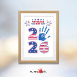 Veterans Day 2026 handprint craft for kids with patriotic red, white, and blue numbers, ideal for classroom activities, family gatherings, and teaching children about honoring veterans through creative projects.