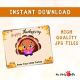 Thanksgiving footprint craft for kids featuring a cute turkey, autumn leaves, and a ‘Happy Thanksgiving’ message, perfect for a holiday keepsake and preschool or kindergarten activity.