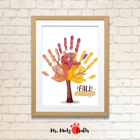 Children’s Fall Handprint Tree Craft with ‘Fall is Coming!’ phrase, featuring colorful handprint leaves.