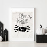 Too Cute to Spook Halloween handprint spider craft featuring a black spider made from handprints, with playful text and spooky accents. Perfect for kids’ Halloween art projects.