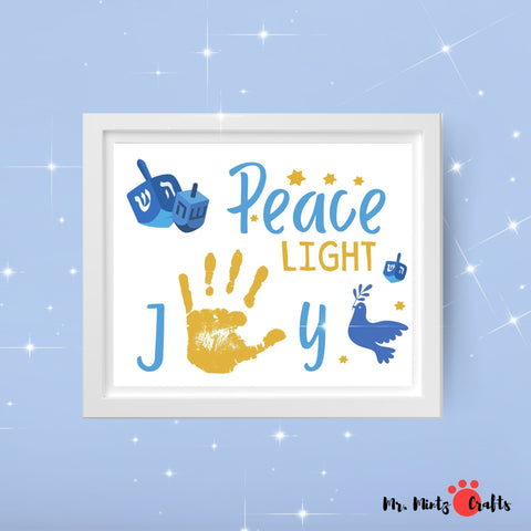 Printable Hanukkah craft with a yellow handprint, blue dove, and dreidels, symbolizing peace and light for the holiday.