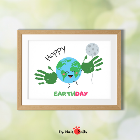 Printable Earth Day craft for kids featuring a smiling globe with a moon balloon, green footprint art, and 'Happy Earth Day' message for festive activities.