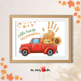 Fall Handprint Pumpkin Truck Craft for kids featuring a red truck, pumpkins, and handprints with the phrase ‘Little Hands, Big Pumpkins.