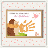 Valentine’s Day hedgehog handprint craft for kids, featuring a cute design and personalization.