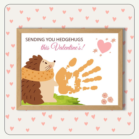 Valentine’s Day hedgehog handprint craft for kids, featuring a cute design and personalization.