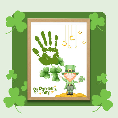 Printable St. Patrick’s Day handprint craft with a green leprechaun, clovers, and gold coins. Fun DIY project for preschool and kindergarten kids.