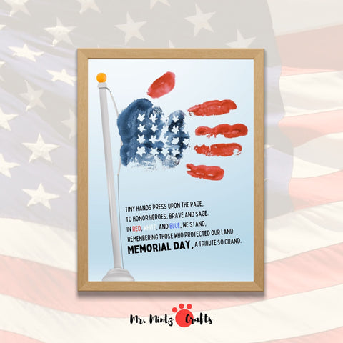 Memorial Day printable with red handprint forming flag stripes and blue palm with white stars, featuring a tribute poem for kids’ patriotic art activity.