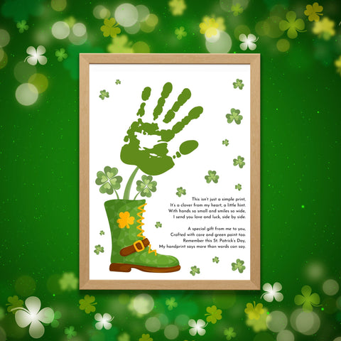 Printable St. Patrick’s Day handprint craft featuring a green Irish boot, a lucky shamrock handprint, and a sentimental poem. A fun and festive kids’ activity.