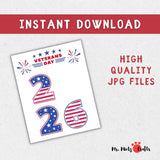 Veterans Day 2026 handprint craft for kids with patriotic red, white, and blue numbers, ideal for classroom activities, family gatherings, and teaching children about honoring veterans through creative projects.
